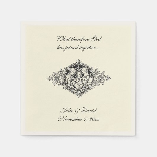 カトリック結婚式の引き出物ホーリーファミリーベージュ色ナプキンス スタンダードカクテルナプキン (正面)