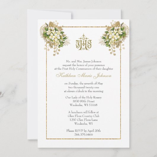 カトリック聖体拝領ホワイトフローラ 招待状 (裏面)