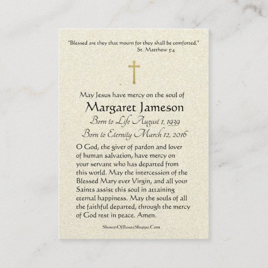 カトリック葬儀祈りの言葉乳児プラハ・イエス エンクロージャーカード (裏面)