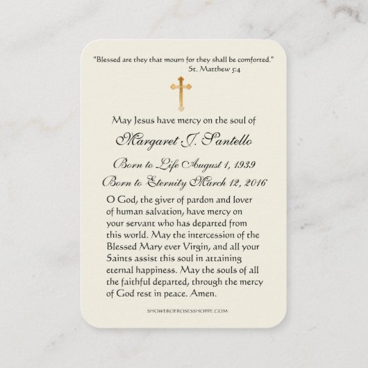 カトリック葬儀記念金ゴールドフローラ祈りの言葉 名刺 (裏面)