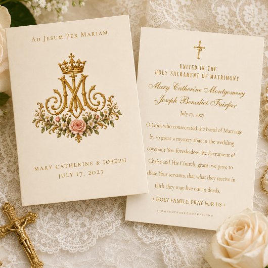 カトリック・マリア十字架と花の結婚祈祷カード