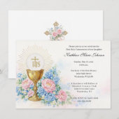 カトリック 初聖体 杯 宿主 花 招待状 (正面/裏面)