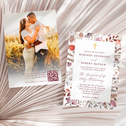 カトリック 結婚式用 Rustic Wildflowers 写真QRコード 招待状