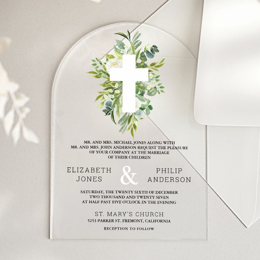 カトリック 結婚式 グリーン ウェディング アクリル招待状