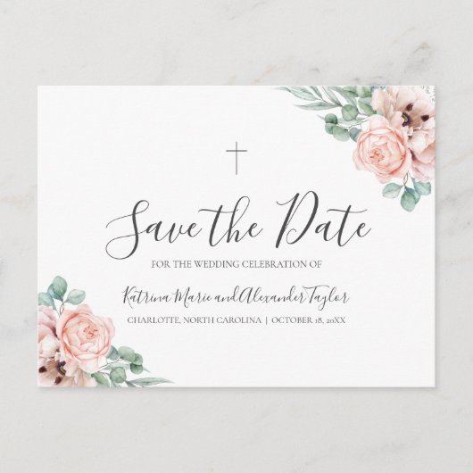 カトリーナ・クリスチャン・クロス・グリーンSave the Date 案内ポストカード (正面)