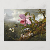 カトレア オーキッド、2羽のスズメと昆虫 ポストカード (正面)