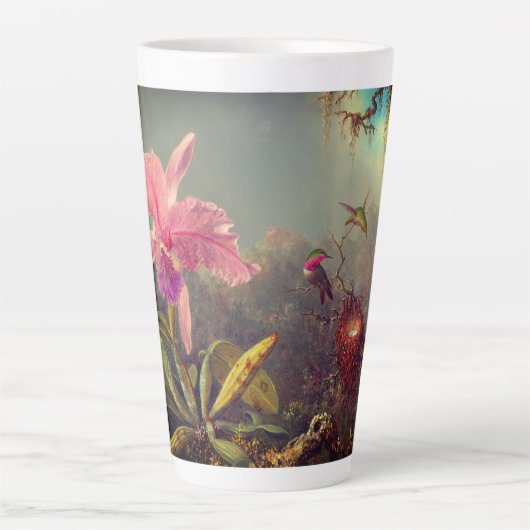 カトレヤオーキッドと3つのハミングバードのヒード カフェラテマグ (正面)
