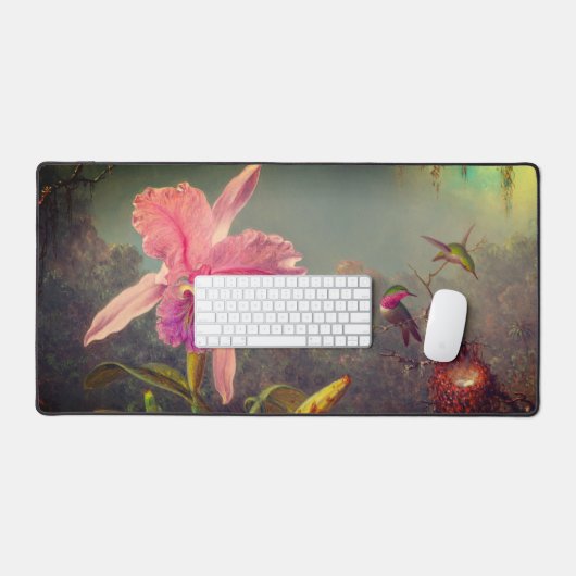 カトレヤオーキッドと3つのハミングバードのヒード デスクマット (キーボード&マウス)