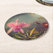 カトレヤオーキッドと3つのハミングバードのヒード ラウンドペーパーコースター (アングル)