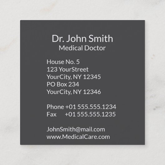 カドゥセウスのクリーン白の詳細な暖かい灰色の医療 スクエア名刺 (裏面)
