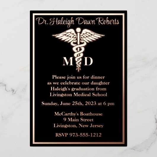 カドゥセウス医学校卒業ブラック/バラ金ゴールド 箔招待状 (正面)