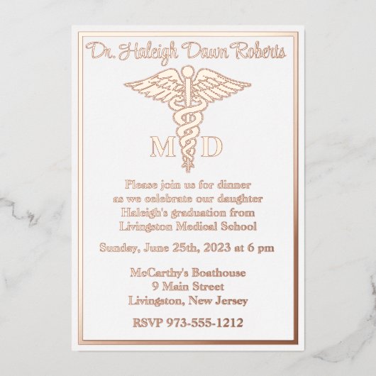 カドゥセウス医学校卒業白番/バラ金ゴールド 箔招待状 (正面)