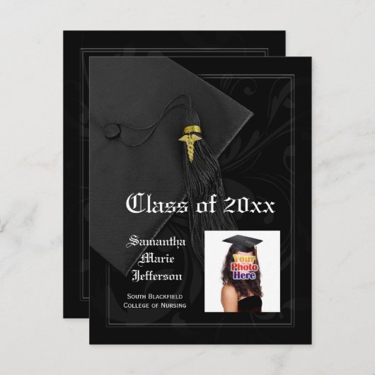 カドゥセウス医学部またはナース写真卒業 招待状 (正面/裏面)