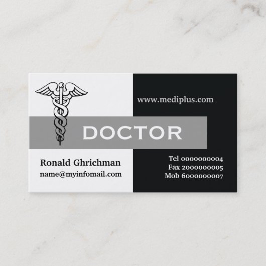 カドゥセウス医師ミニマリスト黒、白、灰色 名刺 (正面)