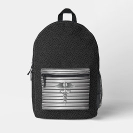 カドゥセウス医療シンボルブラック&シルバー プリントバックパック