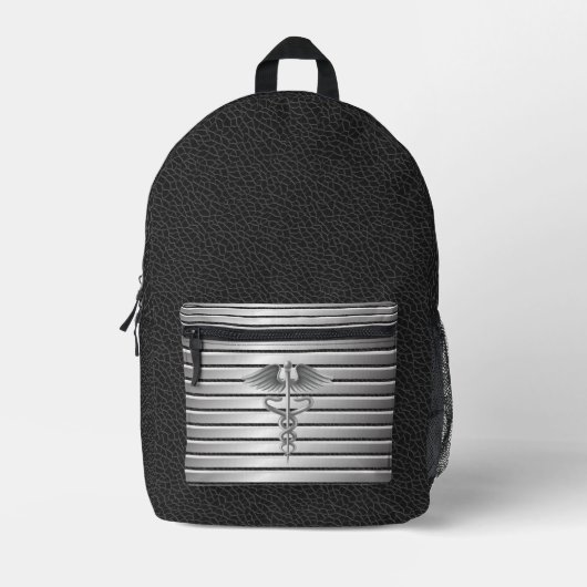 カドゥセウス医療シンボルブラック&シルバー プリントバックパック (正面)