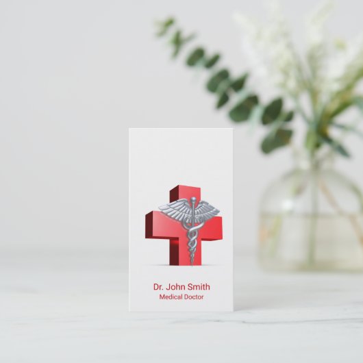 カドゥセウス医療用シルバー3D十字赤 名刺 (スタンド正面)