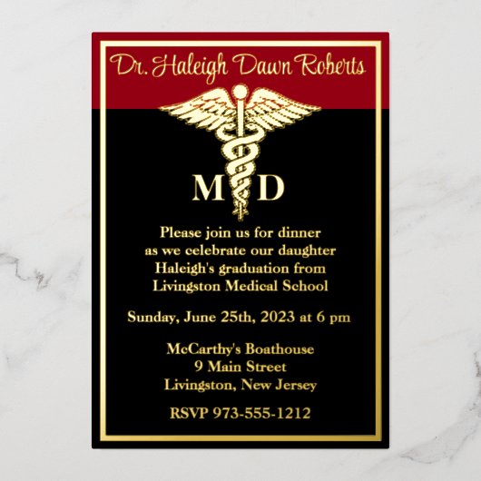 カドゥセウス医科学校卒業、黒/赤 箔招待状 (正面)