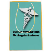 カドゥセウス記号ティール（緑がかった色）成人医師祝辞 ミディアムペーパーバッグ (正面)