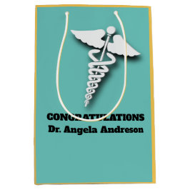 カドゥセウス記号ティール（緑がかった色）成人医師祝辞 ミディアムペーパーバッグ