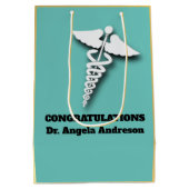 カドゥセウス記号ティール（緑がかった色）成人医師祝辞 ミディアムペーパーバッグ (裏面)