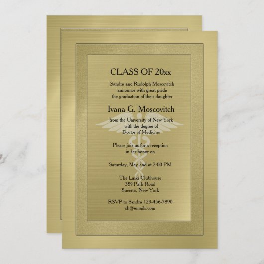 カドゥセウス透かし金ゴールド医学卒業招待状 招待状 (正面/裏面)