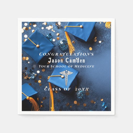 カドゥセエレガントス金ゴールドホワイト海軍ブルー卒業 スタンダードカクテルナプキン (正面)