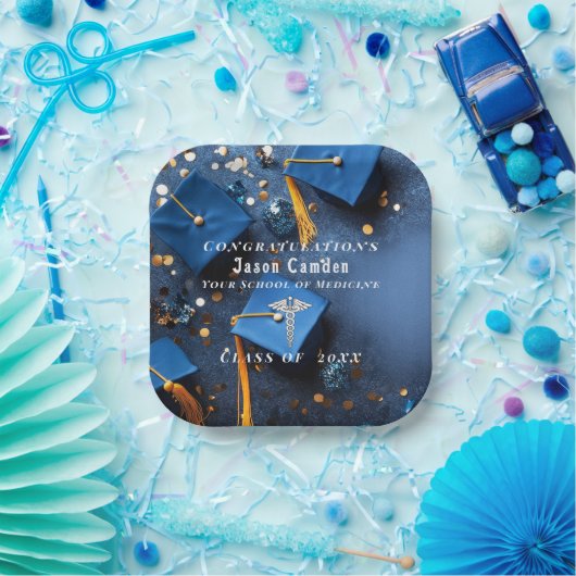 カドゥセエレガントス金ゴールドホワイト海軍ブルー卒業 ペーパープレート (パーティー)