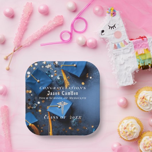 カドゥセエレガントス金ゴールドホワイト海軍ブルー卒業 ペーパープレート (パーティー)