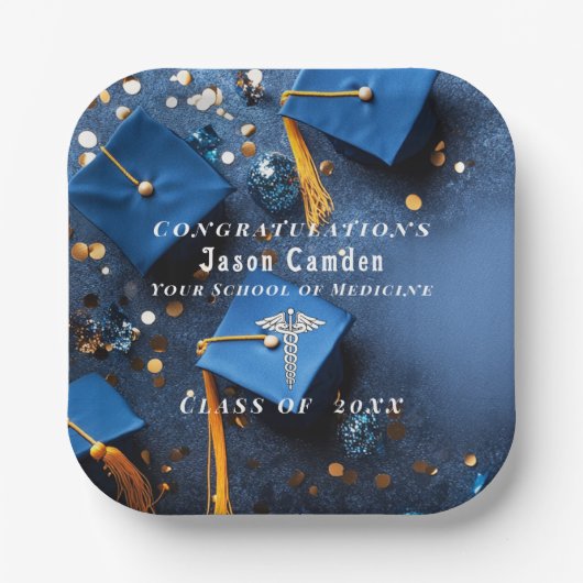 カドゥセエレガントス金ゴールドホワイト海軍ブルー卒業 ペーパープレート (正面)