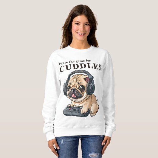 カドルのためのゲームを一時停止 – かわいいゲーマー犬の女性 スウェットシャツ (正面フル)