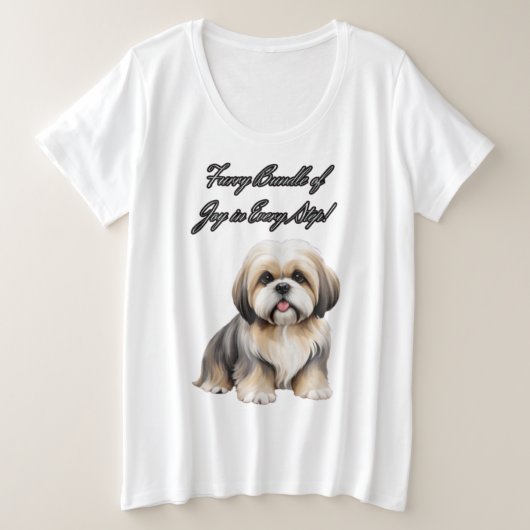 カドル仲間：柔らかい色合いの可愛い毛羽立つ犬 プラスサイズTシャツ (デザイン正面)