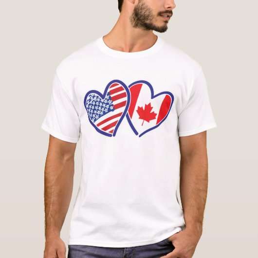 カナダとアメリカ国旗のハート Tシャツ (正面)