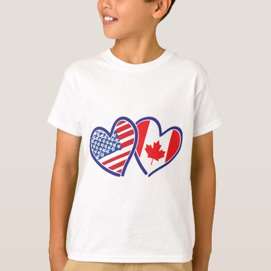 カナダとアメリカ国旗のハート Tシャツ (正面)