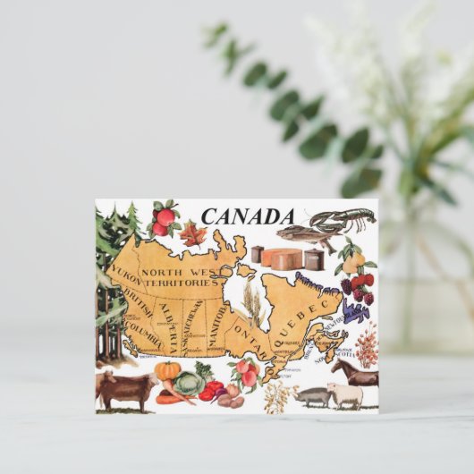 カナダと様々な代表製品の地図 ポストカード (スタンド正面)