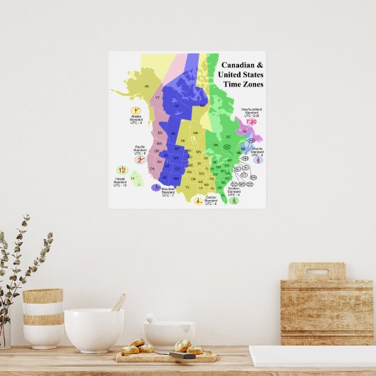 カナダと統一された州政治時間帯のマップ ポスター (キッチン)