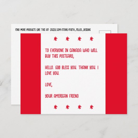 カナダに神の祝福を。愛を込めて、あなたのアメリカ人の友達より。 ポストカード (正面/裏面)