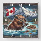 カナダのビーバーが山の近くで棒を集める スクエア壁時計 (正面)