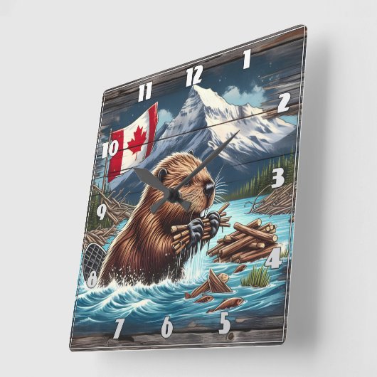 カナダのビーバーが山の近くで棒を集める スクエア壁時計 (傾斜)