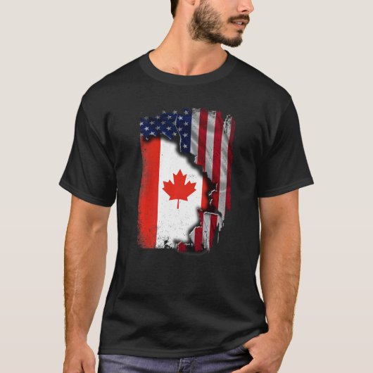 カナダのルーツハーフアメリカン国旗Patrioitc Canada Tシャツ (正面)