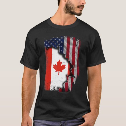 カナダのルーツハーフアメリカン国旗Patrioitc Canada Tシャツ (正面)
