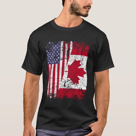 カナダのルーツハーフアメリカ国旗 Tシャツ (正面)