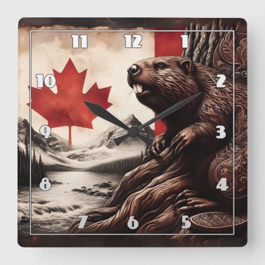 カナダの国旗と山で木にビーバー スクエア壁時計 (正面)