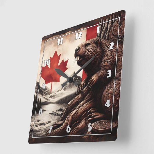 カナダの国旗と山で木にビーバー スクエア壁時計 (傾斜)