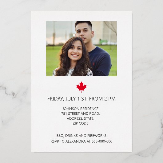 カナダの日BBQ夏のパーティー写真金ゴールド 箔招待状 (裏面)