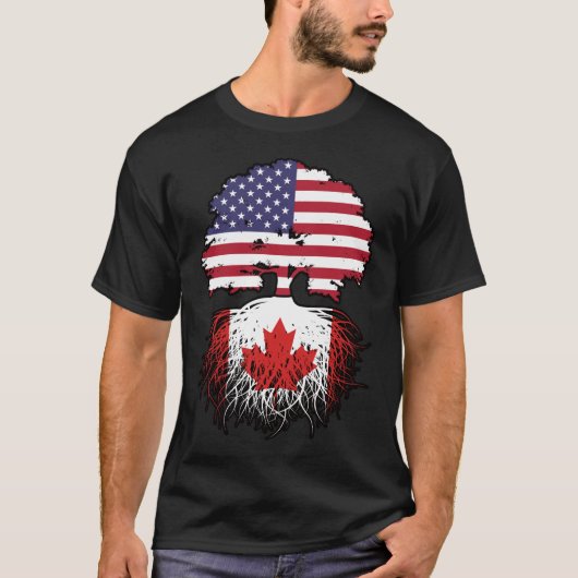 カナダアメリカ合衆国ツリールーツ国旗 Tシャツ (正面)