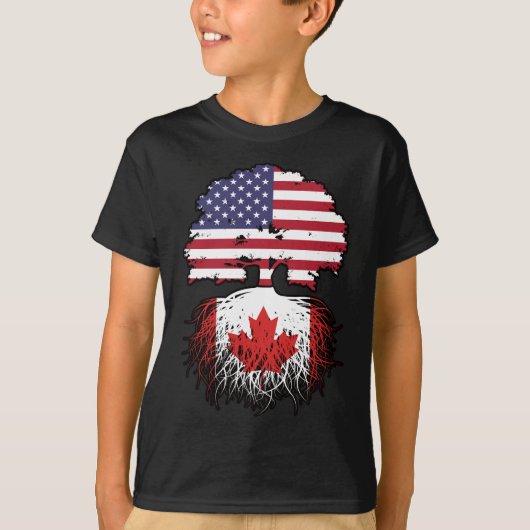 カナダアメリカ合衆国ツリールーツ国旗 Tシャツ (正面)