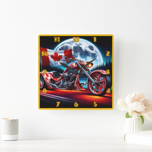 カナダカスタム国旗を持つオートバイ スクエア壁時計 (ホーム)