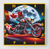 カナダカスタム国旗を持つオートバイ スクエア壁時計 (正面)