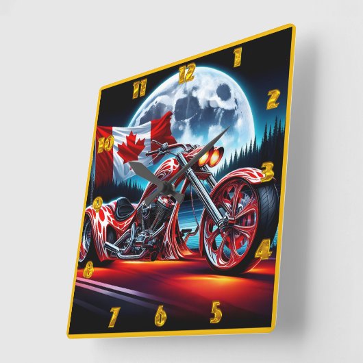 カナダカスタム国旗を持つオートバイ スクエア壁時計 (傾斜)